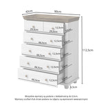 Chest of drawers dimensions diagram: dark green body, light wood top, five drawers.