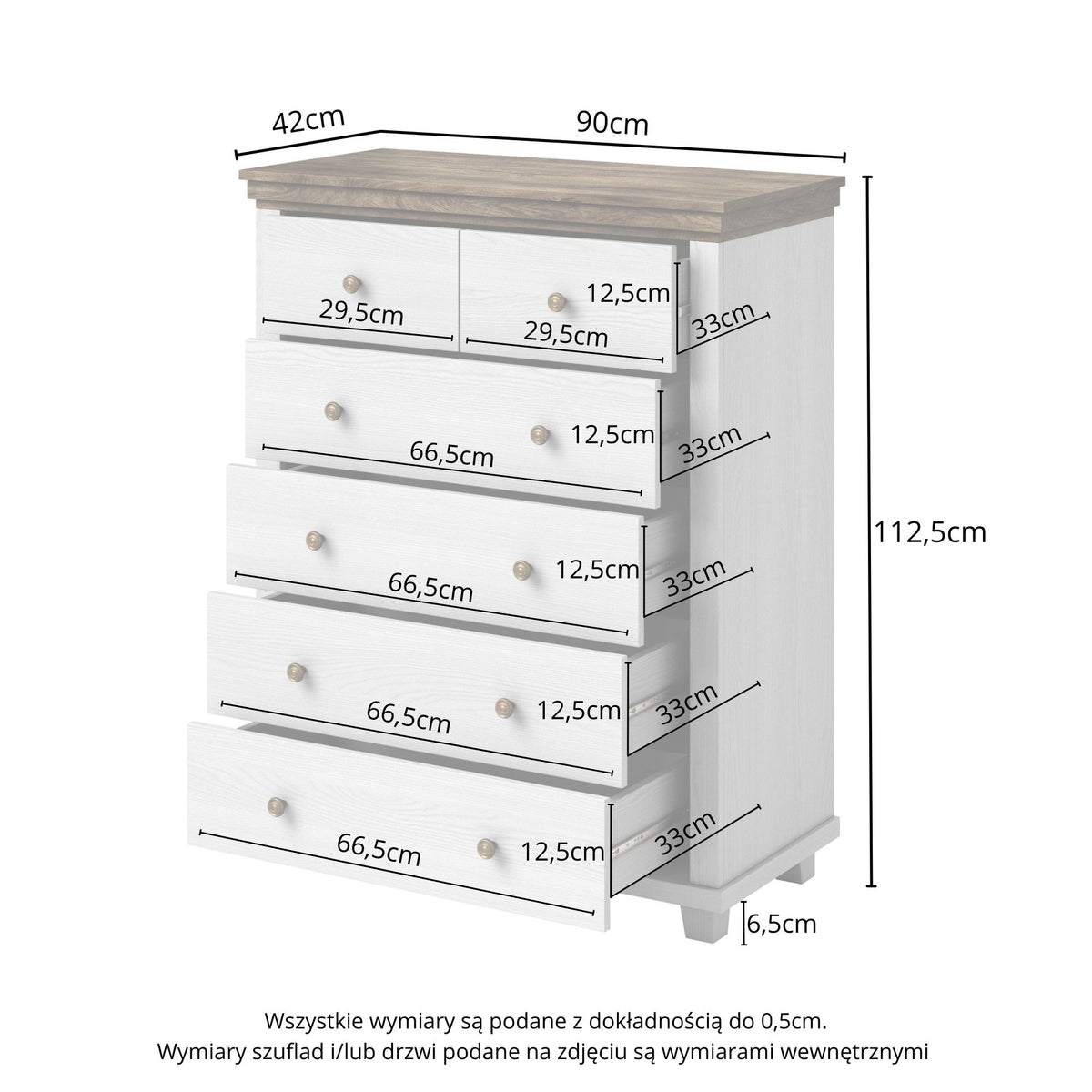 Chest of drawers dimensions diagram: dark green body, light wood top, five drawers.