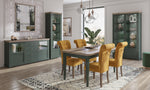 Dark green glass display cabinet with wood top, visible shelves and door handles