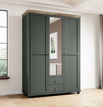 Three-door wardrobe with mirror, dark green with two drawers and tall vertical center mirror