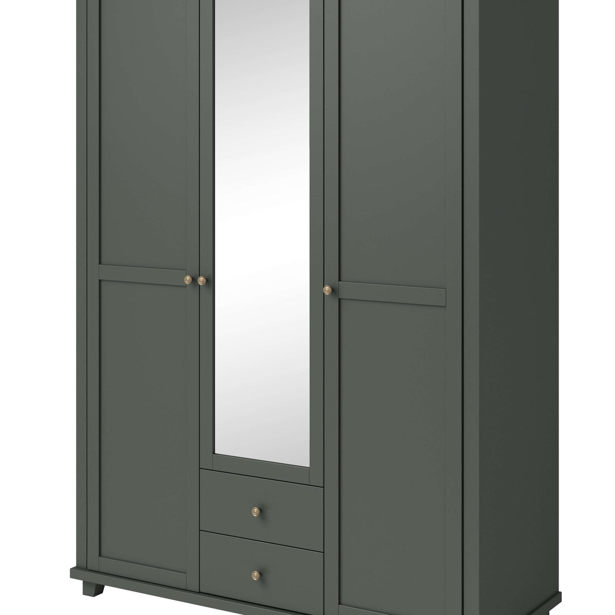 Three-door wardrobe with mirror and two drawers, dark green cabinet with wood-effect top