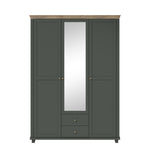 Three-door wardrobe with mirror, dark green finish and two drawers, vertical center mirror