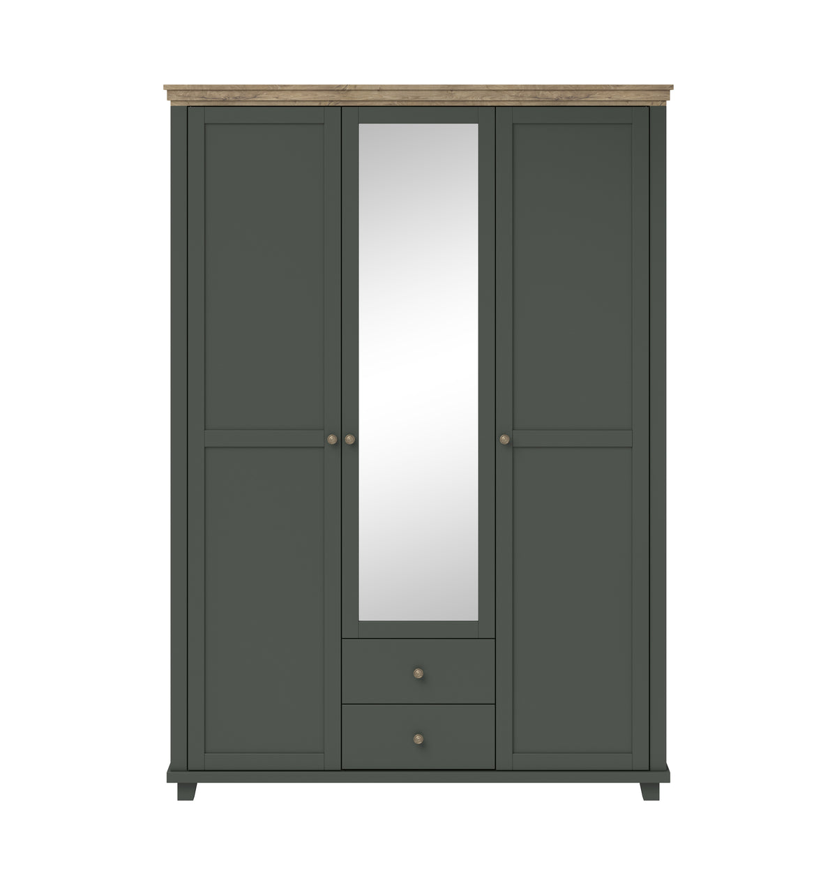 Three-door wardrobe with mirror, dark green finish and two drawers, vertical center mirror