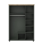 Three-door wardrobe interior with left hanging space and right tiered shelves