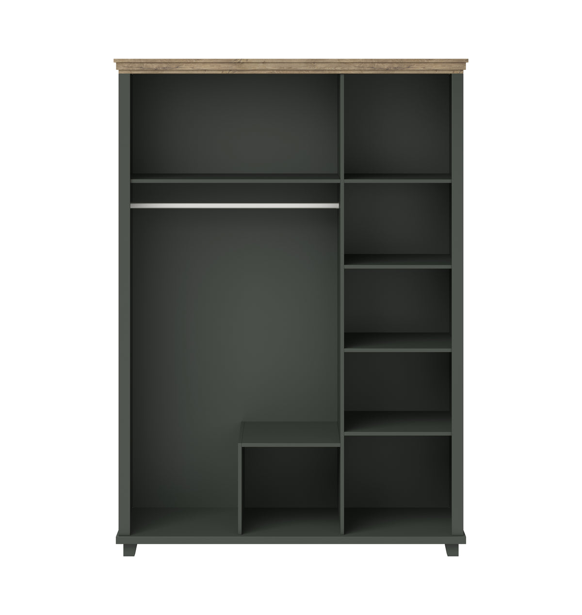 Three-door wardrobe interior with left hanging space and right tiered shelves