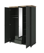 Three-door wardrobe with mirror, dark green, open doors showing shelves and two drawers