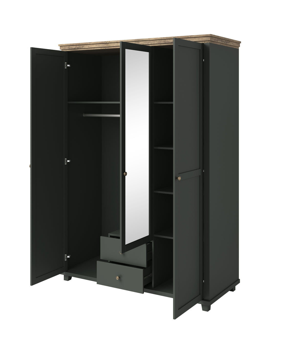 Three-door wardrobe with mirror, dark green, open doors showing shelves and two drawers