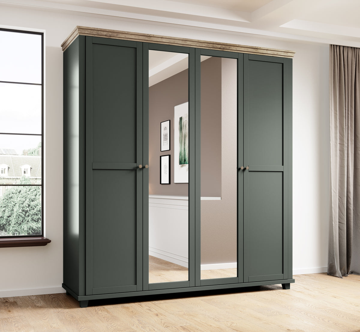 Dark green 4-door wardrobe with full-height mirror doors and paneled design, wood-effect top