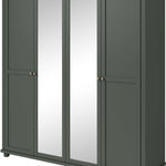 Dark green 4-door wardrobe with vertical mirror panels and metal knob details