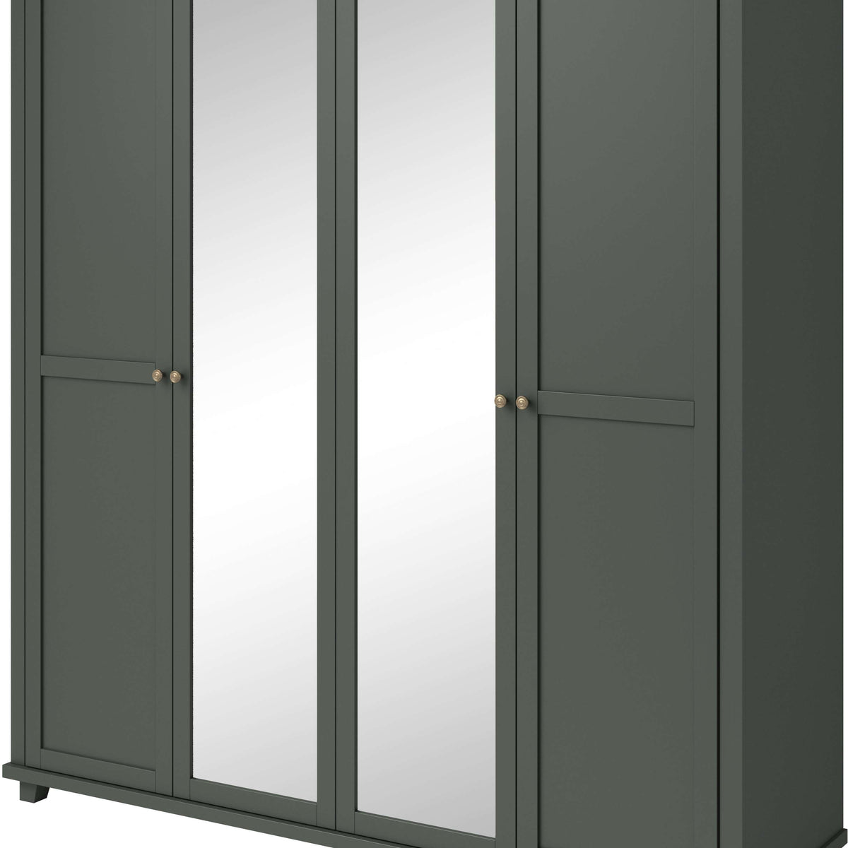 Dark green 4-door wardrobe with vertical mirror panels and metal knob details