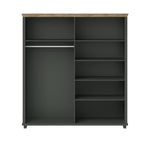 Dark green wardrobe with open interior, multiple shelves and central divider