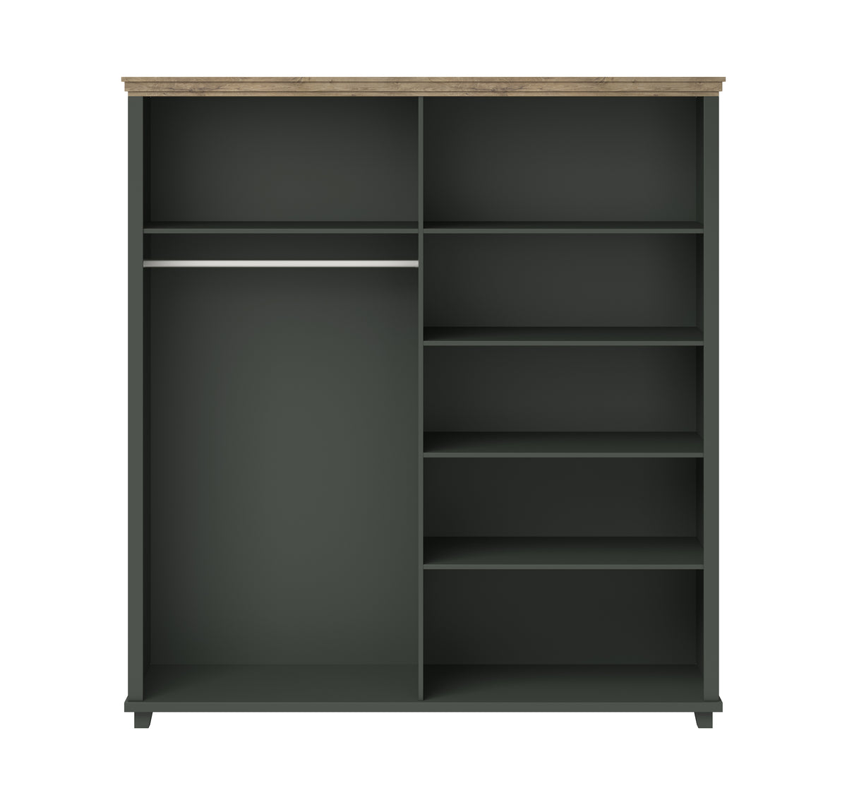 Dark green wardrobe with open interior, multiple shelves and central divider