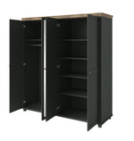 Dark green 4-door wardrobe with open doors showing shelves and hanging space