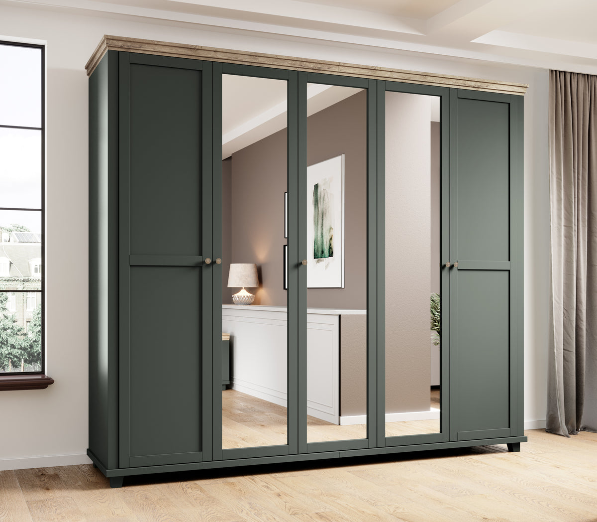 Dark green 5-door wardrobe with wood top, open front and mirrored panels