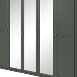Dark green 5-door wardrobe with wood top and three vertical mirror doors