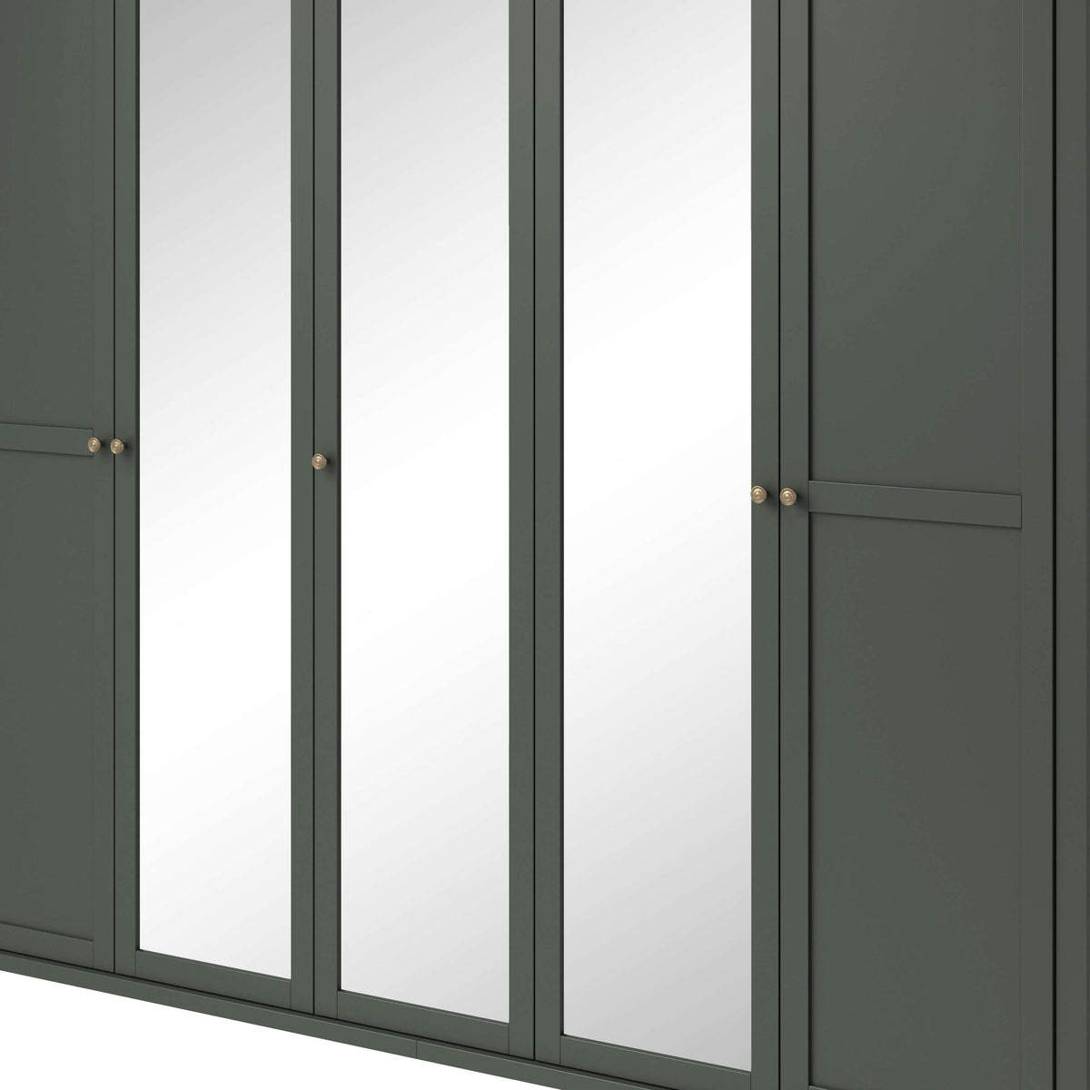 Dark green 5-door wardrobe with wood top and three vertical mirror doors