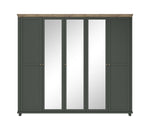Dark green 5-door wardrobe with wood top and three vertical mirror panels