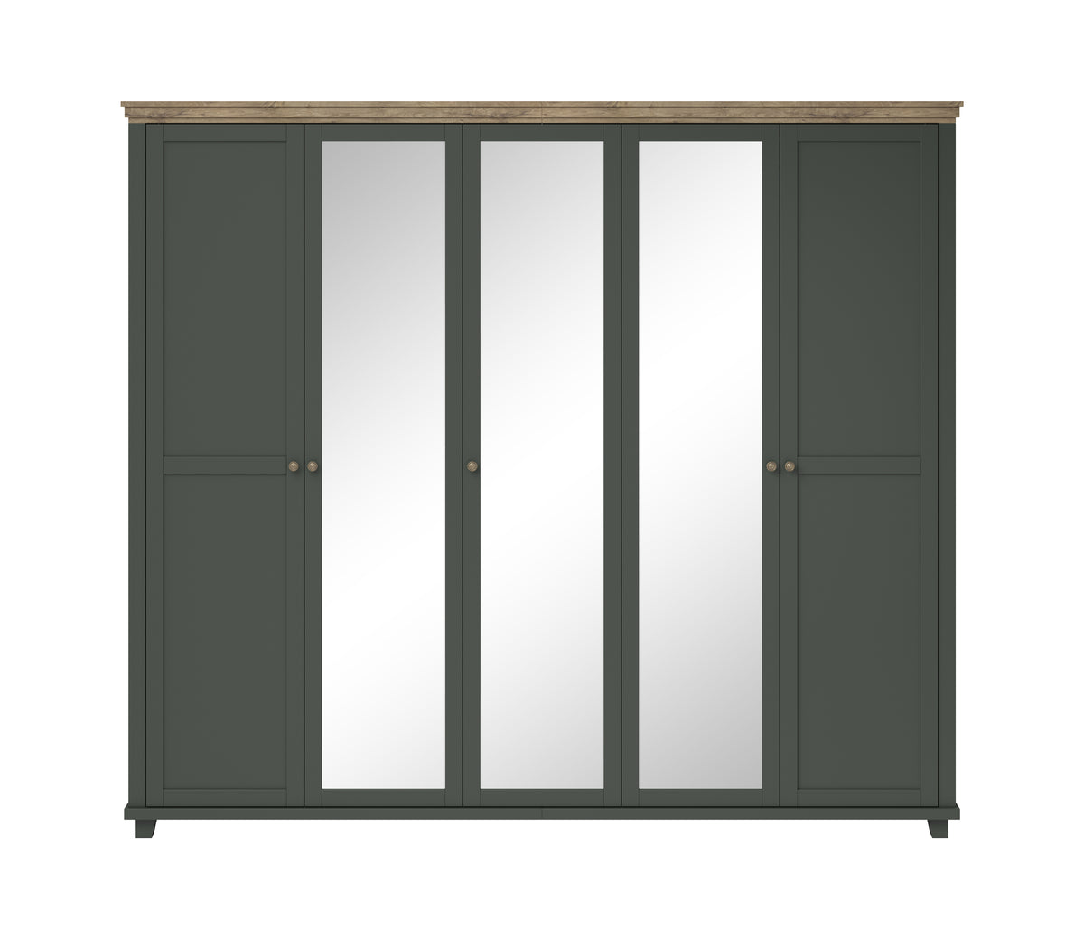Dark green 5-door wardrobe with wood top and three vertical mirror panels
