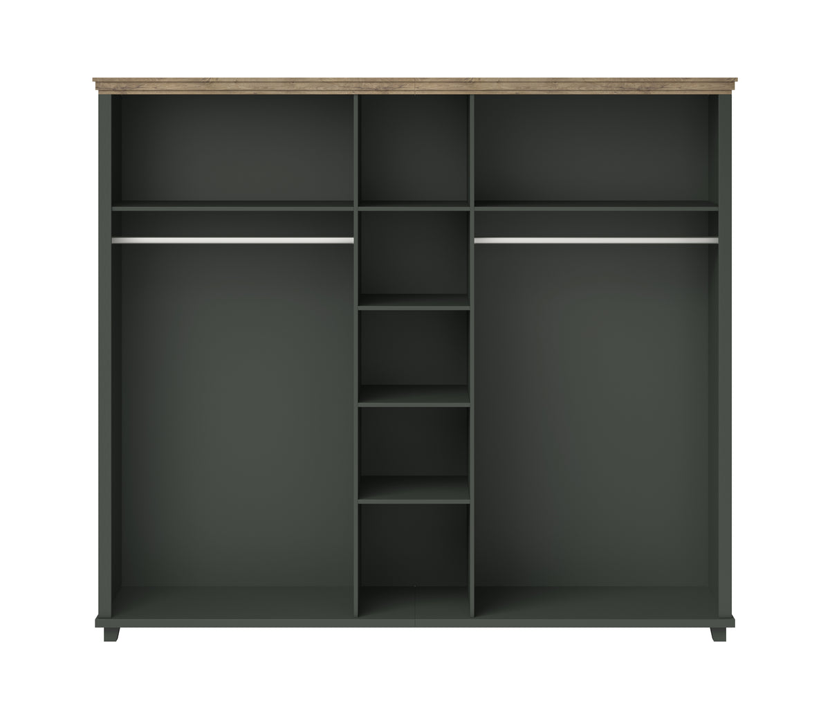 Dark green wardrobe interior with multiple shelves and central cubby compartments