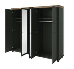 Dark green 5-door wardrobe with wood top, open shelves behind mirrored doors