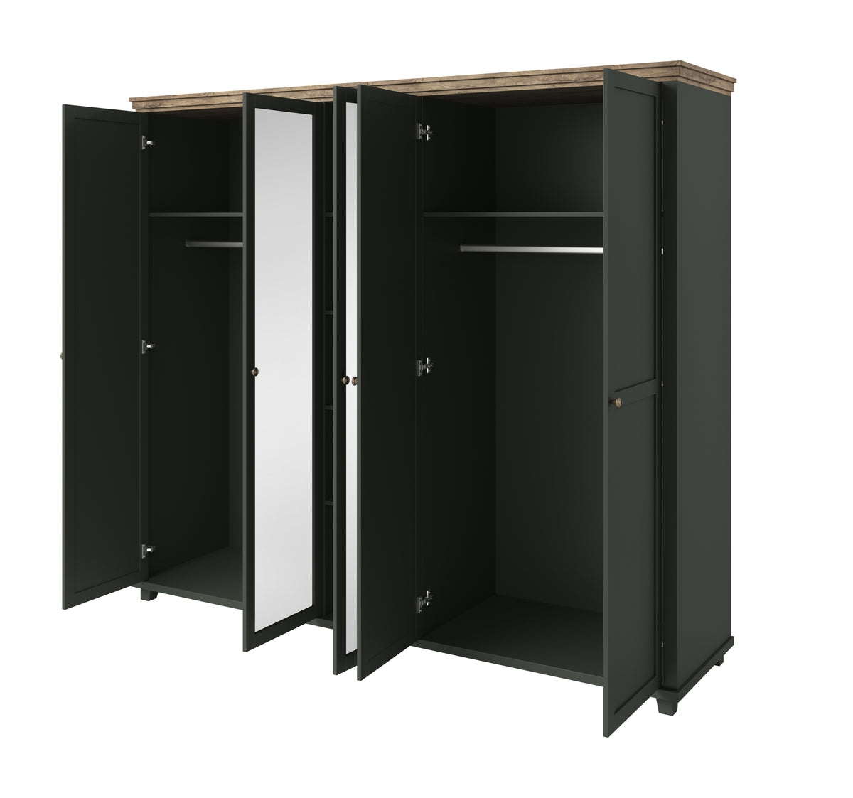 Dark green 5-door wardrobe with wood top, open shelves behind mirrored doors