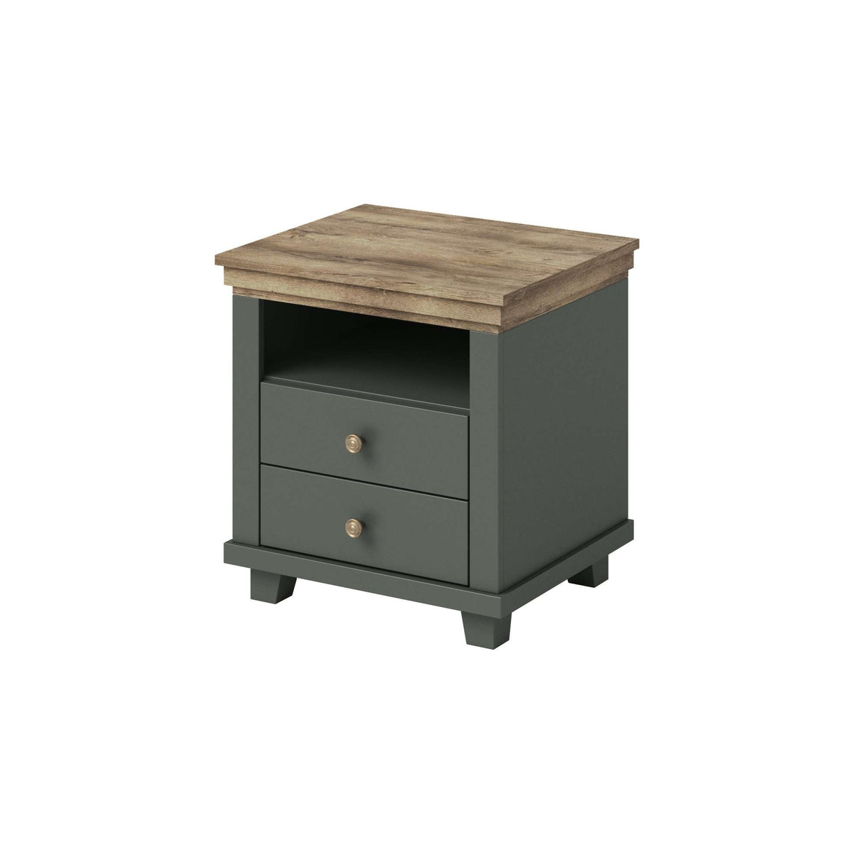 Dark gray bedside table with square top and two drawers with brass knobs