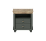 Dark gray bedside table with two drawers, round brass knobs, and open shelf