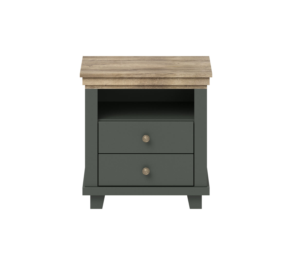 Dark gray bedside table with two drawers, round brass knobs, and open shelf