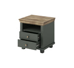 Dark gray bedside table with open side shelf and two drawers, brass knobs