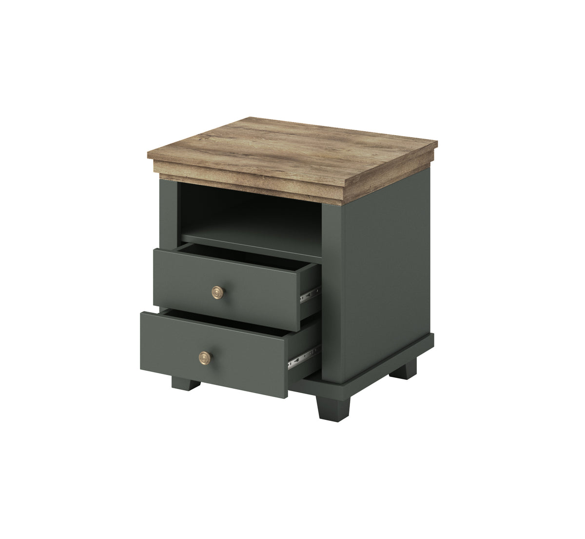 Dark gray bedside table with open side shelf and two drawers, brass knobs