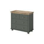 Small chest of drawers with dark green cabinet, light wood top, four knobbed drawers