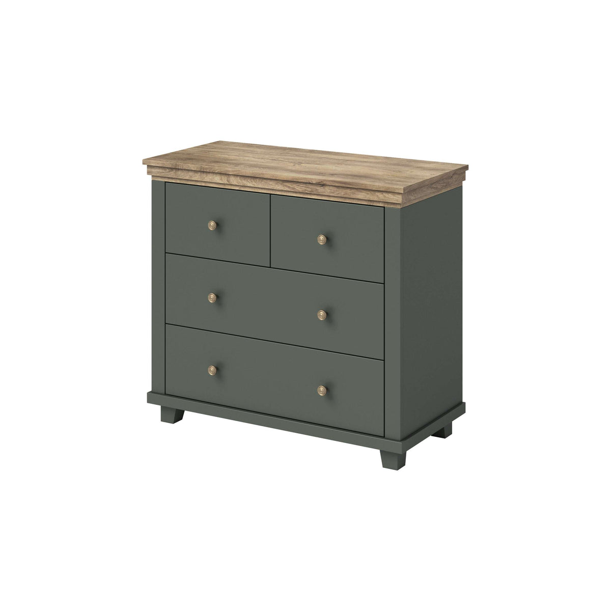 Small chest of drawers with dark green cabinet, light wood top, four knobbed drawers