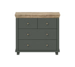 Small chest of drawers with dark green finish, wooden top, three rows of drawers