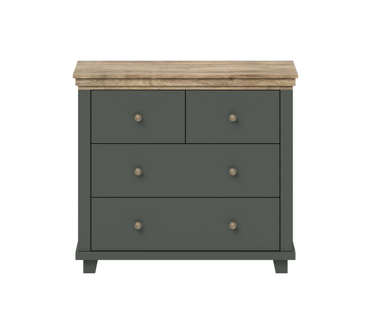 Small chest of drawers with dark green finish, wooden top, three rows of drawers