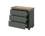 Small chest of drawers with open drawers, dark green body, wooden top, metal knobs