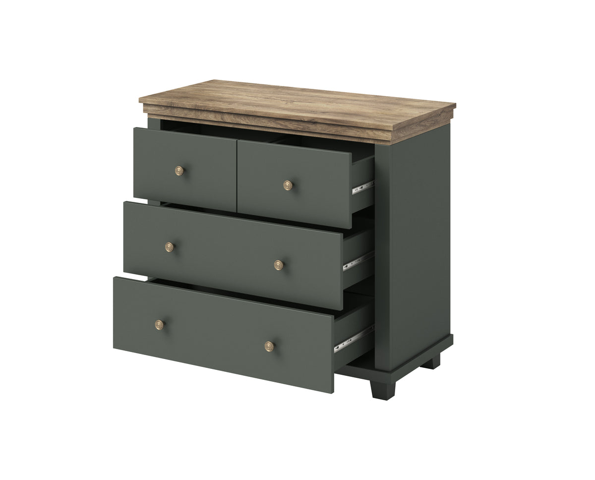 Small chest of drawers with open drawers, dark green body, wooden top, metal knobs