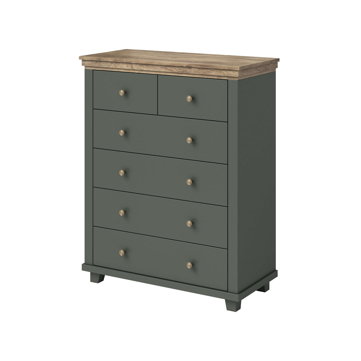 Dark green chest of drawers with light wood top, four drawers and round metal knobs.