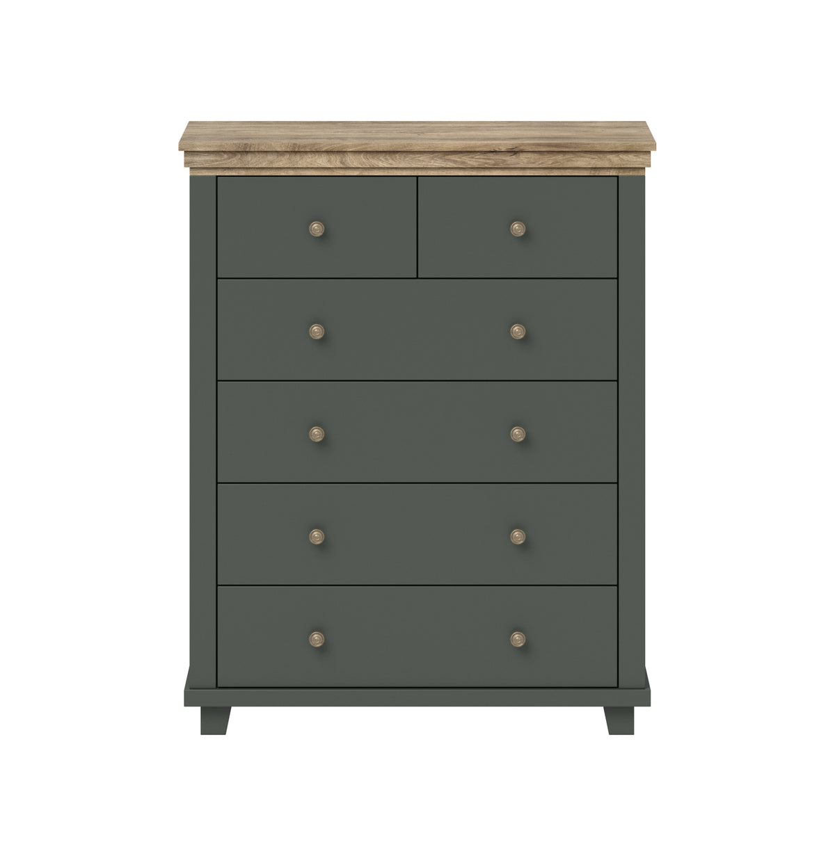 Dark green chest of drawers with light wood top, five drawers and round metal knobs.