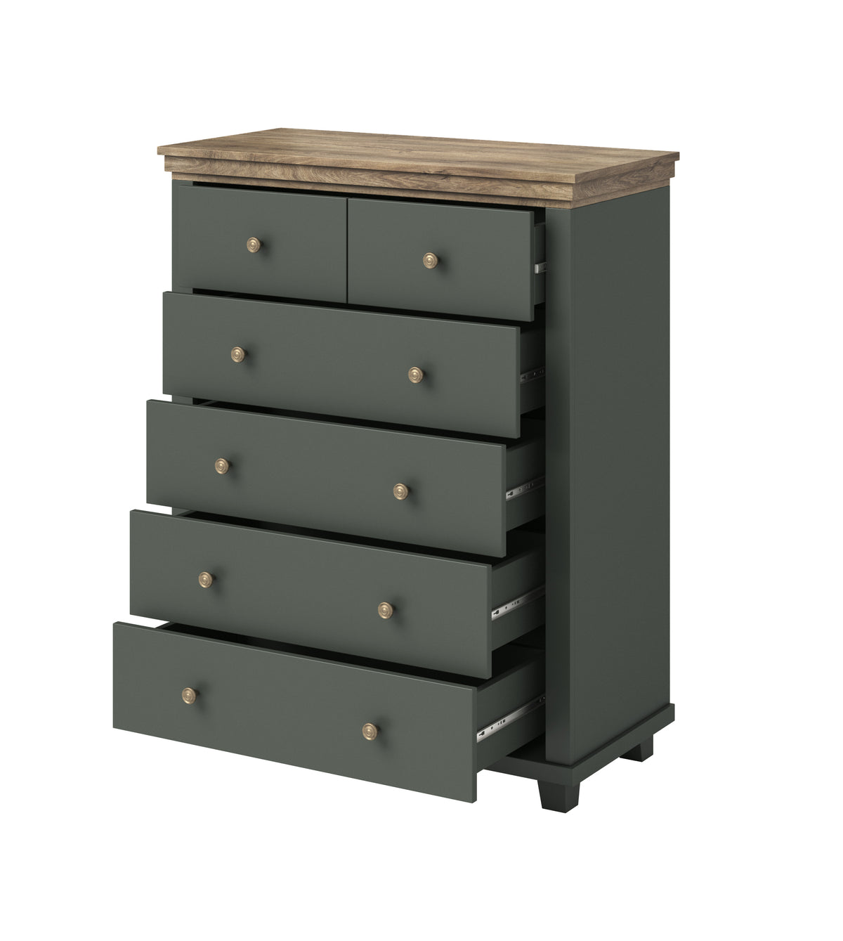 Dark green chest of drawers with light wood top, five drawers, round metal knobs.