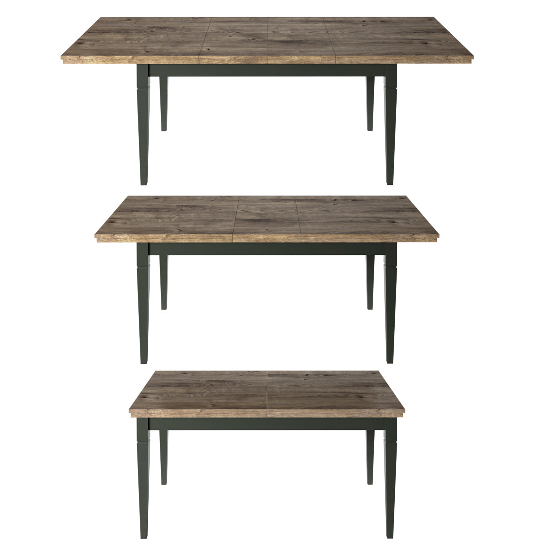 Extendable dining table showing compact, medium, and extended configurations.