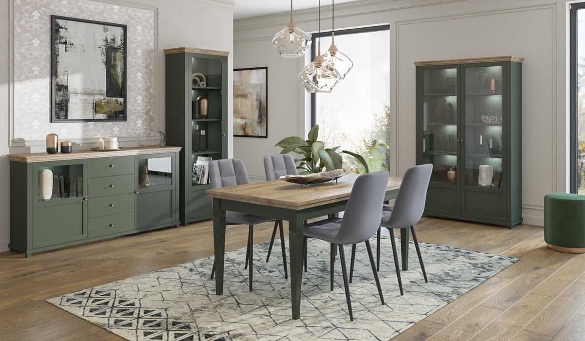 Left display cabinet with glass door, dark green frame, wood-look top, open shelves