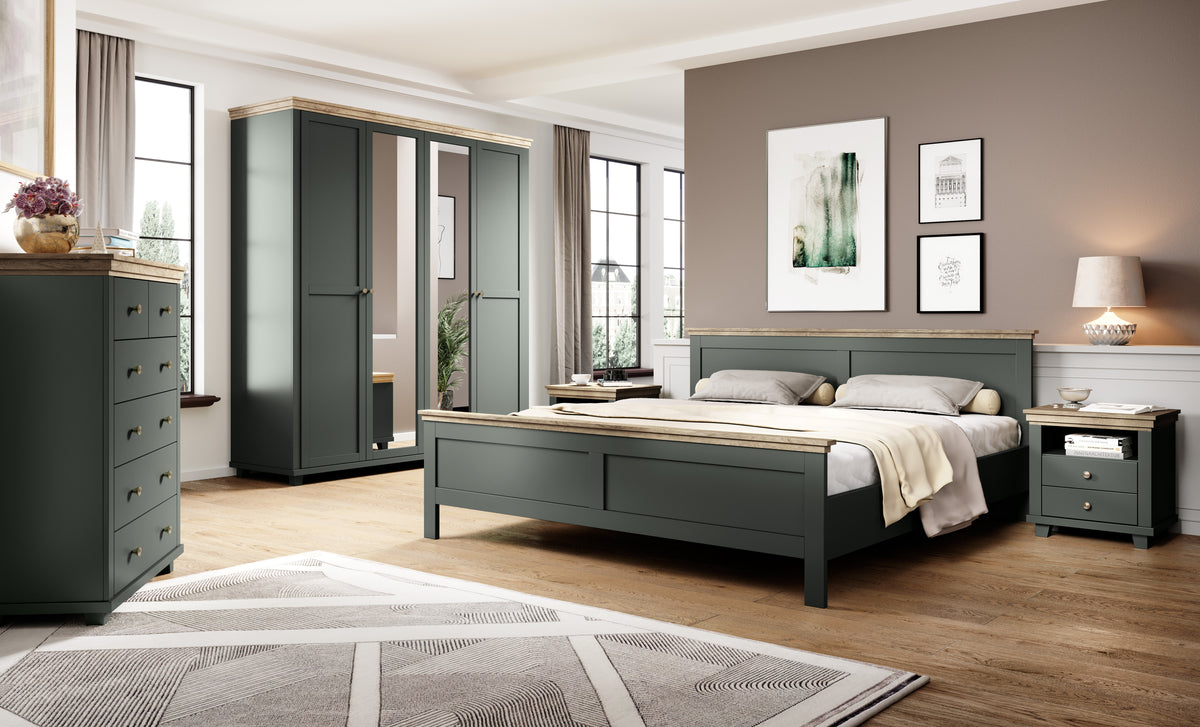 Dark green 4-door wardrobe with mirror doors and wood-effect top for bedroom storage