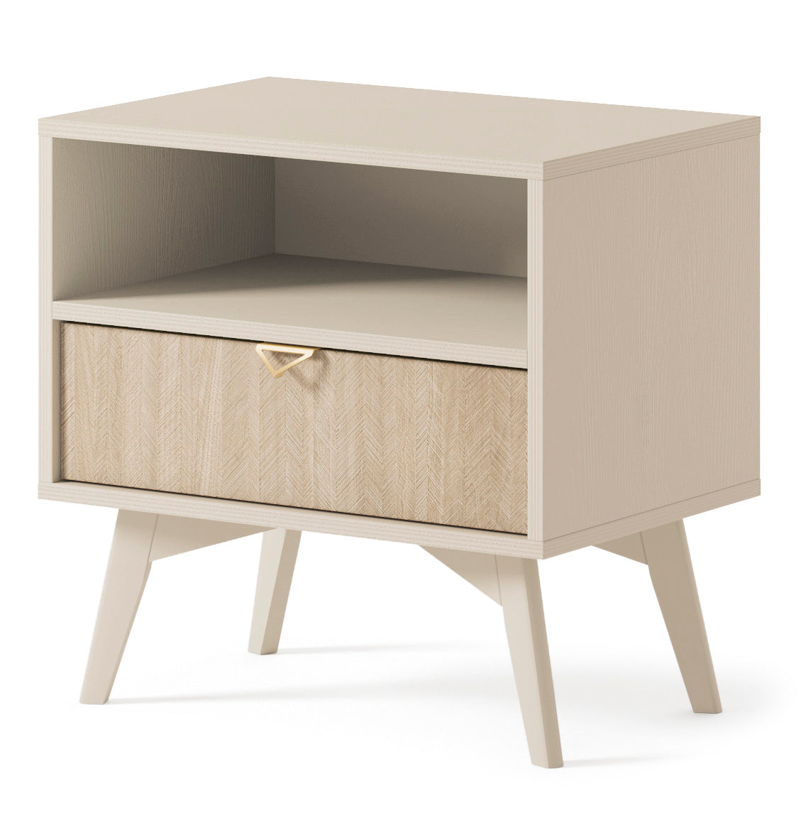 Beige bedside table with open shelf, drawer, and wooden herringbone front panel.