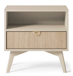 Beige bedside table with open storage and a single drawer with herringbone front.