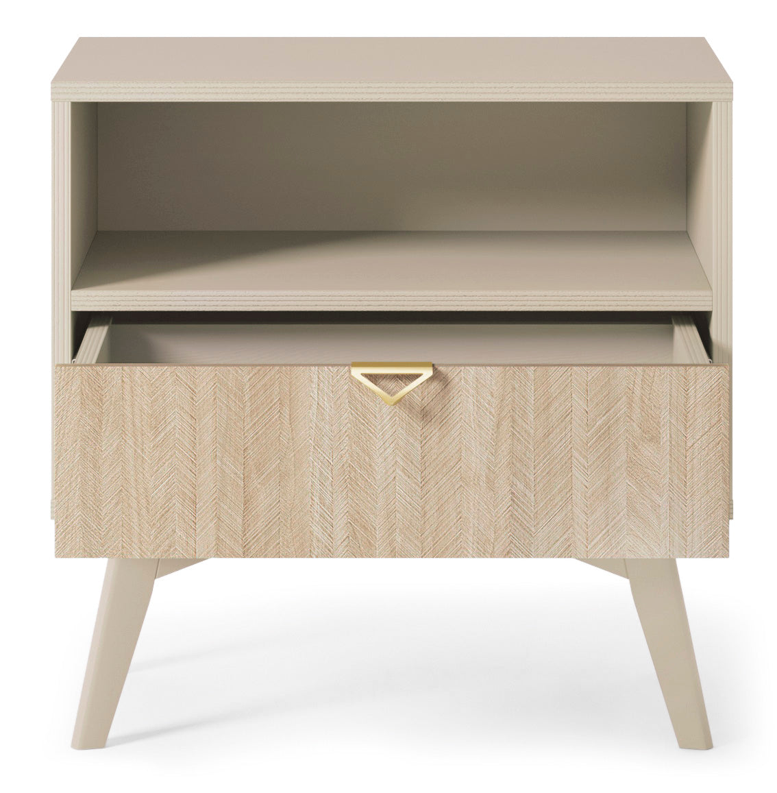 Beige bedside table with open top shelf and herringbone drawer front in view.