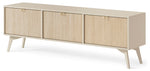 Cashmere TV cabinet with three wood doors, brass pulls, and tapered legs