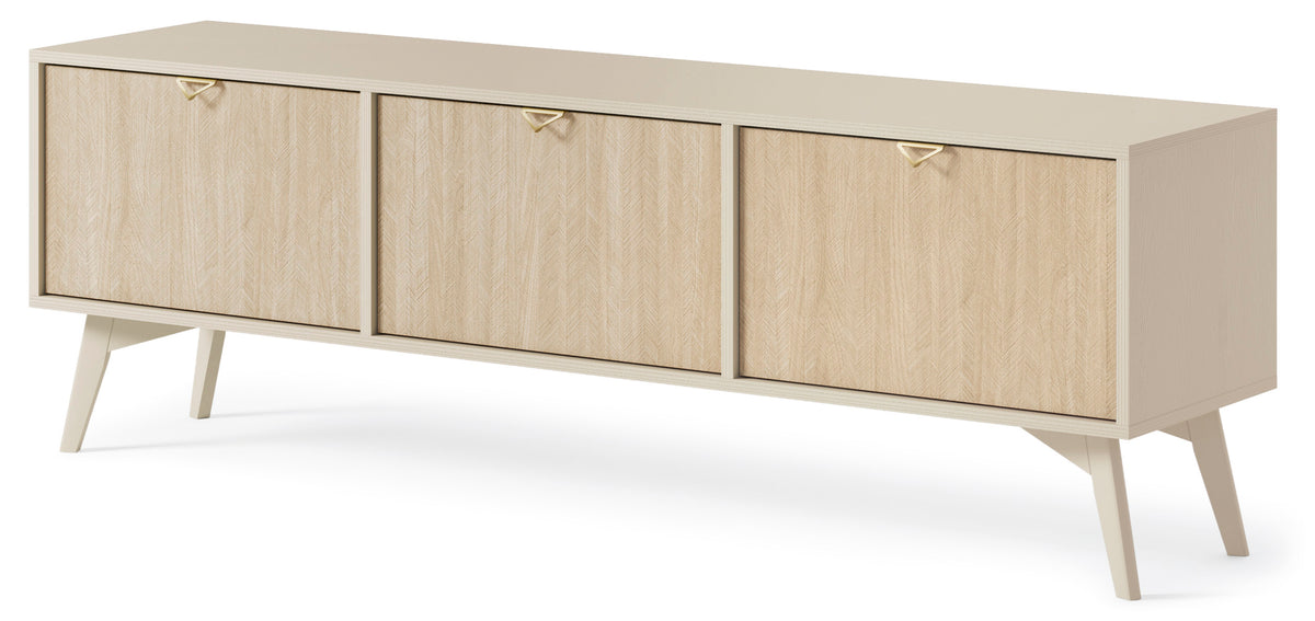 Cashmere TV cabinet with three wood doors, brass pulls, and tapered legs