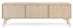 Cashmere TV cabinet with three drawer-style doors and brass pulls, tapered legs