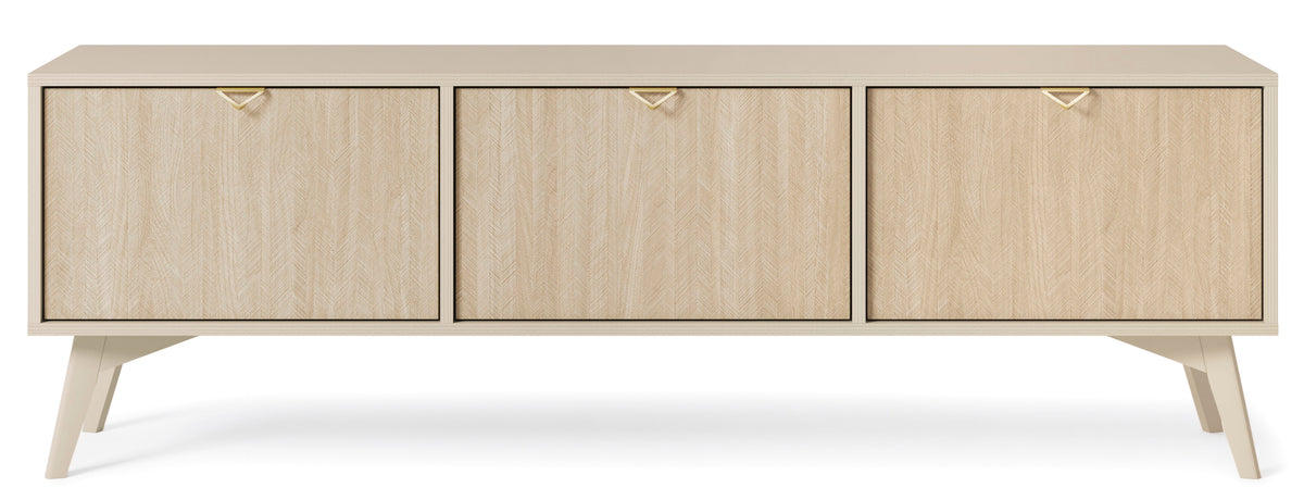 Cashmere TV cabinet with three drawer-style doors and brass pulls, tapered legs