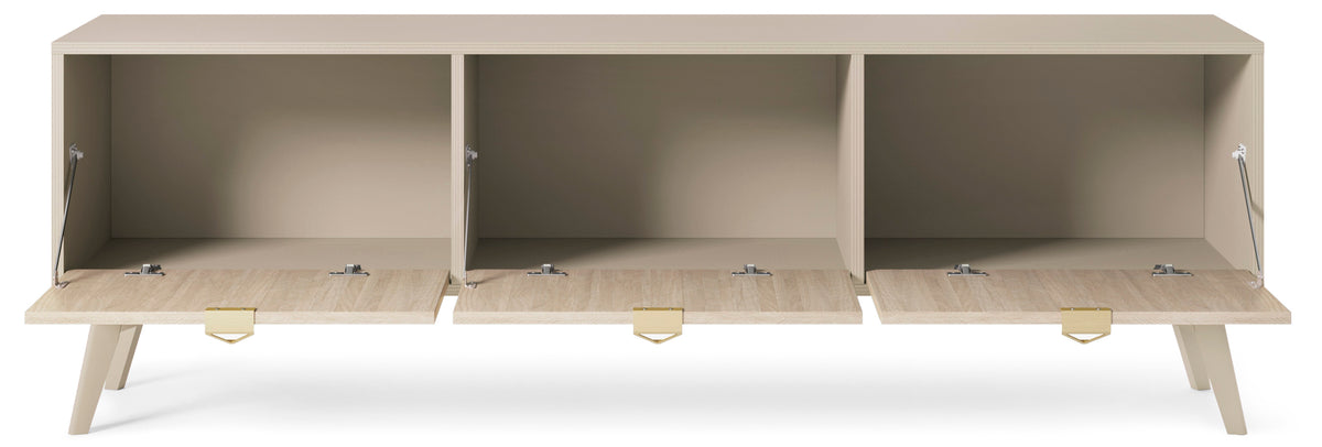 Cashmere TV cabinet with three open compartments and adjustable interior shelves